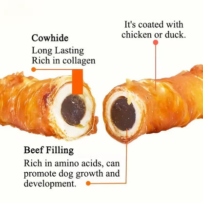 Cowhide Beef Roll Dog Chew Treats – Chicken & Duck Wrapped Dental Sticks