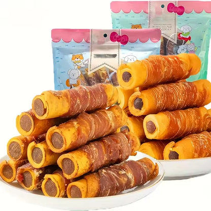Cowhide Beef Roll Dog Chew Treats – Chicken & Duck Wrapped Dental Sticks
